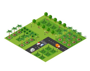 Ağaçlar, banklar, sokak lambaları, arabalı yollar ve yaya geçidi olan yeşil bir şehir parkını temsil eden Isometric illüstrasyon