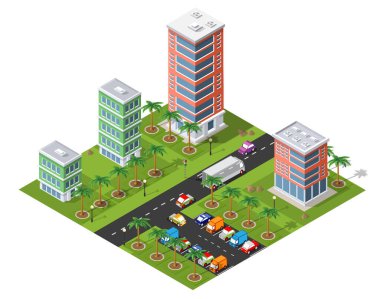Isometric kentsel megalopolis şehir altyapı şehri, sokak modern, gerçek yapı, mimari 3 boyutlu illüstrasyon öğeleri farklı binalar