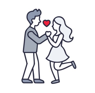 Sevgi dolu bir çift, kucaklaşıyor, romantizmi ve sevgiyi kutluyor. Yüksek topuklu bir kadın, kırmızı kalpli bir adama sarılır.