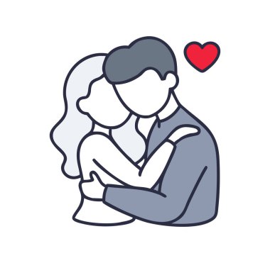 Sevgi dolu bir çift, kucaklaşıyor, romantizmi ve sevgiyi kutluyor. Yüksek topuklu bir kadın, kırmızı kalpli bir adama sarılır.