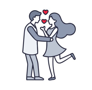 Sevgi dolu bir çift, kucaklaşıyor, romantizmi ve sevgiyi kutluyor. Yüksek topuklu bir kadın, kırmızı kalpli bir adama sarılır.