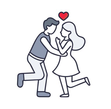 Sevgi dolu bir çift, kucaklaşıyor, romantizmi ve sevgiyi kutluyor. Yüksek topuklu bir kadın, kırmızı kalpli bir adama sarılır.