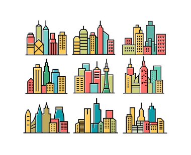 Canlı düz tasarım şehir manzaraları koleksiyonu benzersiz gökyüzü kompozisyonları oluşturarak modern mimari ve kentsel gelişimi resmediyor.