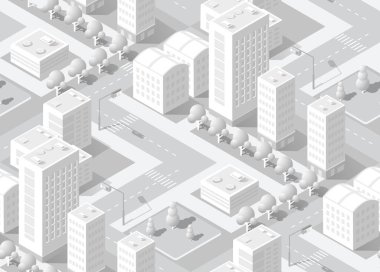 Ağaçlar, çimenler ve sokaklar inşa edilen kentsel izometrik arka plan alanı. Tasarım ve yaratıcılık kavramı için kusursuz kentsel tekrarlama deseni