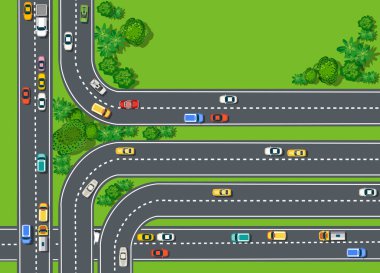 Karayolları ve birçok farklı araçla yol üstü manzarası. Trafik sıkışıklığı ve şehir ulaşımının haritası. Ulaşım tasarım elementlerine sahip şehir altyapısı