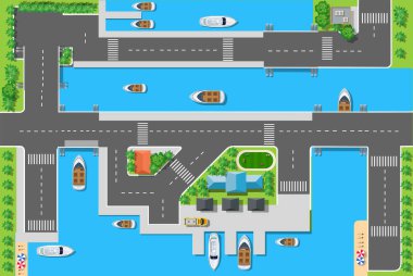 Köprüleri, yolları ve caddeleri olan en iyi manzaralı marinalar deniz taşımacılığıyla seyahat etmek için tekne gezisi.