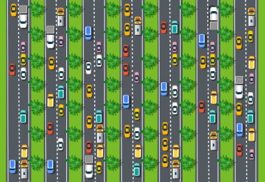 Karayolları ve birçok farklı araçla yol üstü manzarası. Trafik sıkışıklığı ve şehir ulaşımının haritası. Ulaşım tasarım elementlerine sahip şehir altyapısı