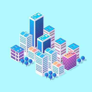 Vektör mimarisinin kentsel altyapısından bir sokak yolu ile şehrin izometrik 3d modül blok ilçe bölümü. Oyun tasarımı için modern beyaz illüstrasyon