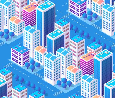 İzometrik gökdelen, kentsel bina ve şehir içi harita deseni için modern şehir manzarası ile sorunsuz tekrar arka plan için mimari vektör illüstrasyon şehir