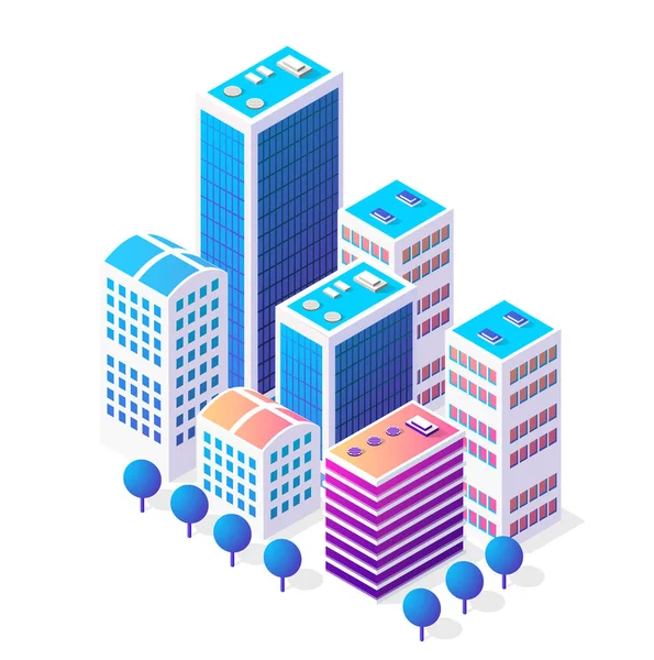 Bir sürü evi, gökdelenleri, sokakları, ağaçları olan Isometric 3D ikonu şehir merkezi.