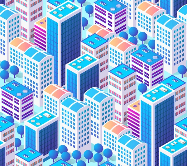 İzometrik gökdelen, kentsel bina ve şehir içi harita deseni için modern şehir manzarası ile sorunsuz tekrar arka plan için mimari vektör illüstrasyon şehir