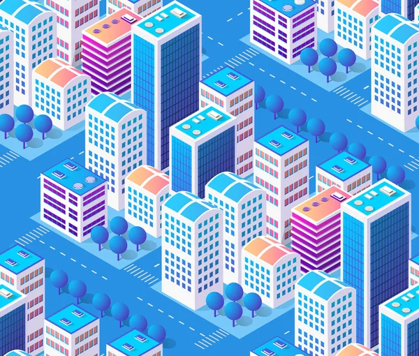 İzometrik gökdelen, kentsel bina ve şehir içi harita deseni için modern şehir manzarası ile sorunsuz tekrar arka plan için mimari vektör illüstrasyon şehir