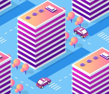 İzometrik gökdelen, kentsel bina ve şehir içi harita deseni için modern şehir manzarası ile sorunsuz tekrar arka plan için mimari vektör illüstrasyon şehir