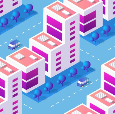 İzometrik gökdelen, kentsel bina ve şehir içi harita deseni için modern şehir manzarası ile sorunsuz tekrar arka plan için mimari vektör illüstrasyon şehir