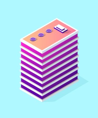 Vektör mimarisinin kentsel altyapısından bir sokak yolu ile şehrin izometrik 3d modül blok ilçe bölümü. Oyun tasarımı için modern beyaz illüstrasyon