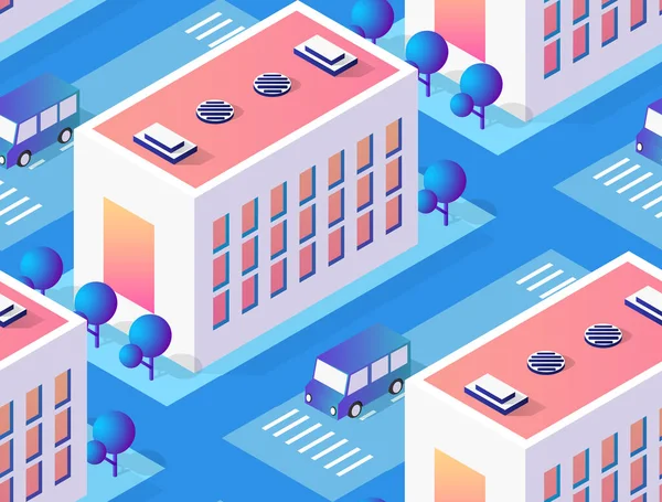 İzometrik gökdelen, kentsel bina ve şehir içi harita deseni için modern şehir manzarası ile sorunsuz tekrar arka plan için mimari vektör illüstrasyon şehir