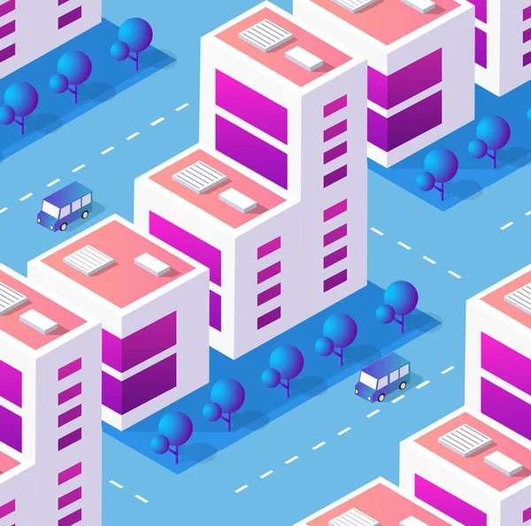 İzometrik gökdelen, kentsel bina ve şehir içi harita deseni için modern şehir manzarası ile sorunsuz tekrar arka plan için mimari vektör illüstrasyon şehir