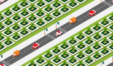 Trafik arabalarının sıkışık durduğu caddelerin kesiştiği Isome kavşağı. Kusursuz tekrarlanan arka plan 3B illüstrasyon