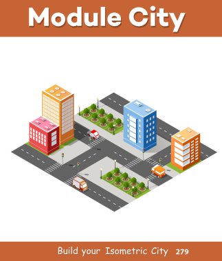 Şehir sokakların yollar, arabalar, ağaçlar ile izometrik 3d kavşak. Kasaba sanayi peyzaj.