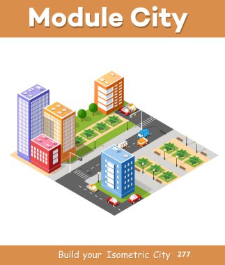 Altyapı yollar, sokaklar, evler, gökdelenler ve ağaçlar ile izometrik 3d şehir manzara.