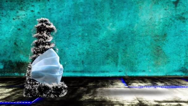 Tıbbi Maskeli Noel Ağacı Grunge Arka Planında Yanıp Sönen Işıklarla — Stok video