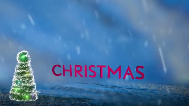 圣诞树 有五彩缤纷的彩灯 在冰冻的背景上有圣诞字样 下着大雪 — 图库视频影像