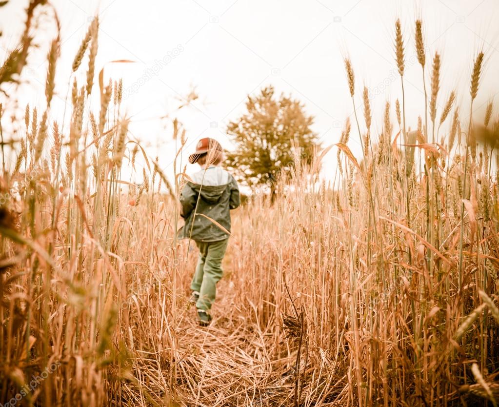 boy running through wheat path