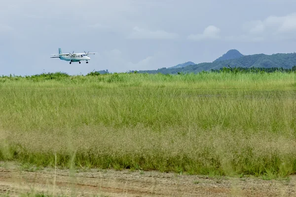 Malé letadlo trávy přistání — Stock fotografie