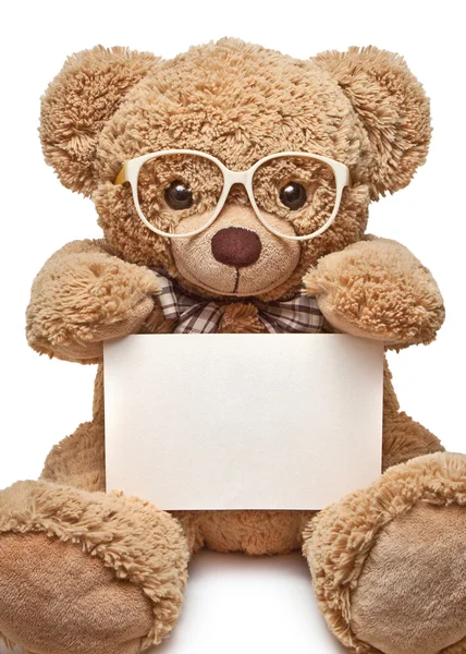 Teddy bear with glasses holding a blank banner — Stock Photo, Image