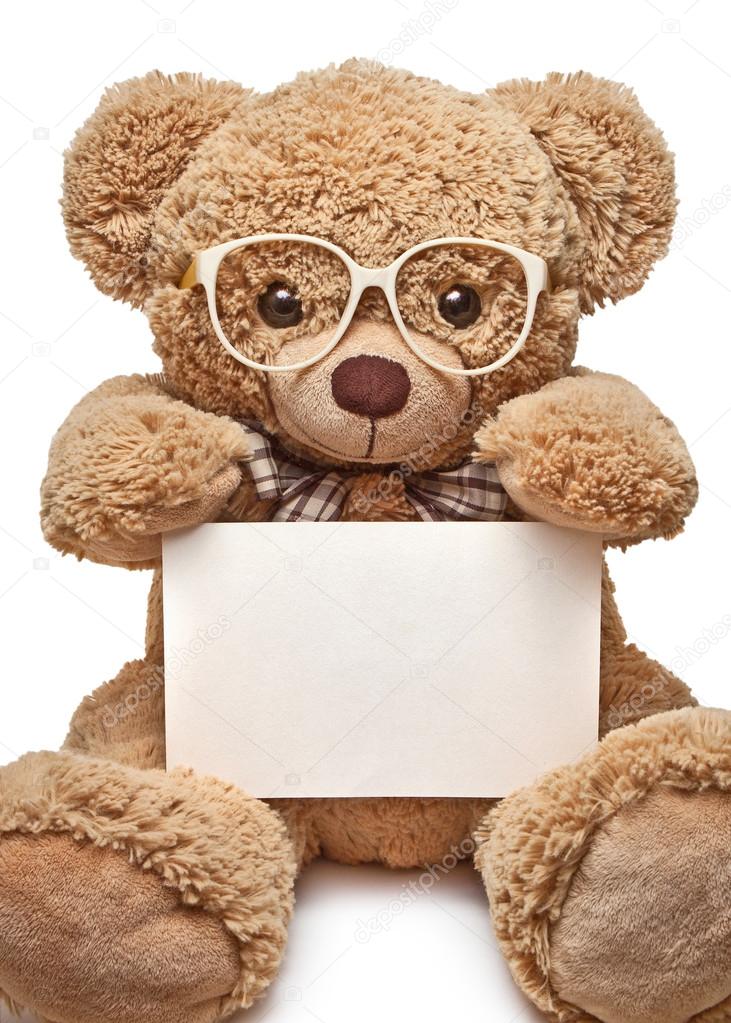 Teddy bear with glasses holding a blank banner