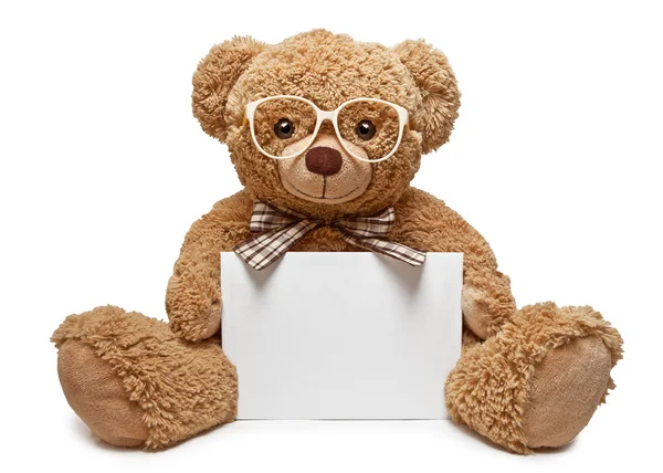 Teddy bear with glasses holding a blank banner — Stock Photo, Image