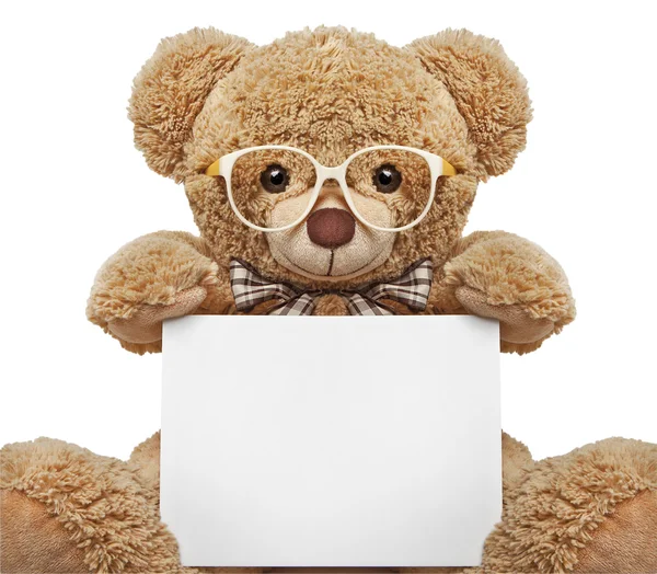 Teddy bear with glasses holding a blank banner — Stock Photo, Image