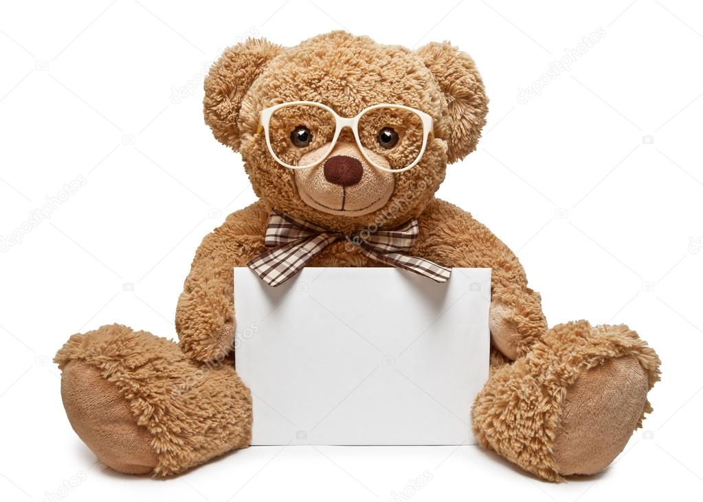 Teddy bear with glasses holding a blank banner