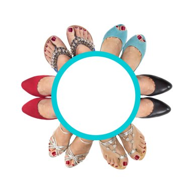Six pairs of women's feet in different shoes and sandals on a white background. clipart