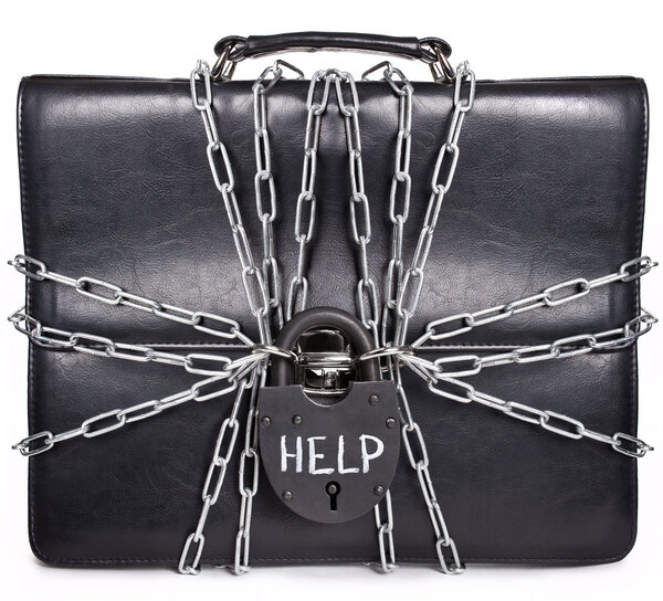 Портфолио бизнесмена с документами под замком и ключом со словом help
.