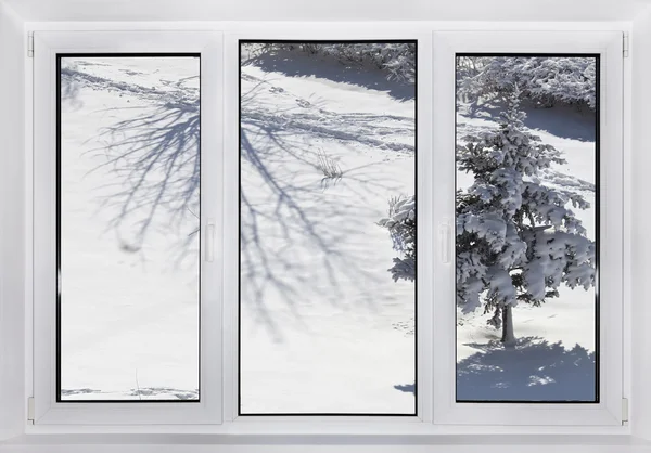 Fenêtre en plastique avec paysage hivernal — Photo