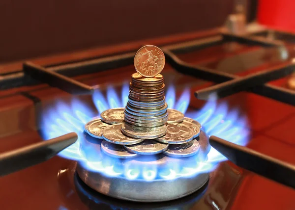 Gas burner with a blue flame and RUB — Stock Photo, Image