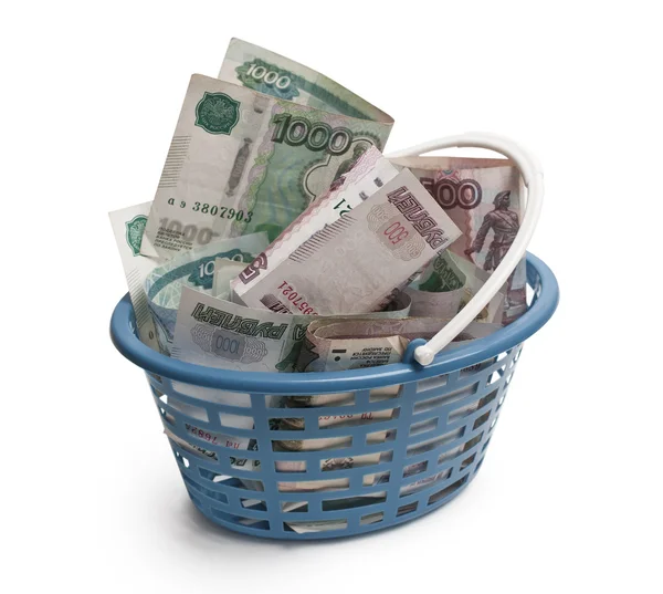 Paper Russian money in a blue plastic basket — Stock Photo, Image