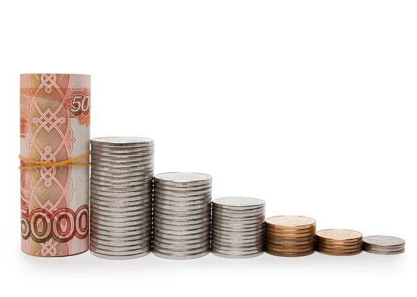 Chart the fall of the ruble in banknotes and coins — Stock Photo, Image