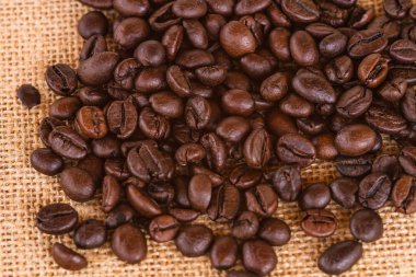 Tuval ve kahve çekirdekleri fotoğraf arka plan. Kopya alanı