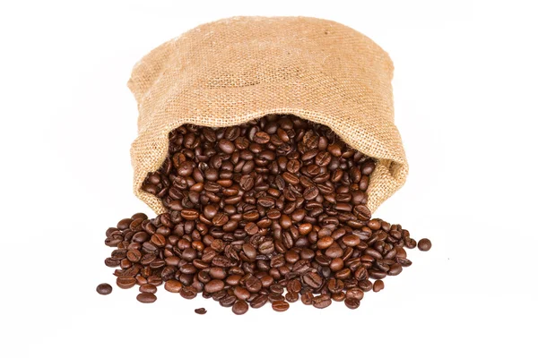 Coffee bag - coffee beans in canvas coffee sack isolated on white background — Stock Photo, Image