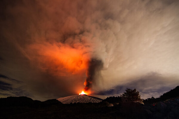 Volcano eruption. Mount Etna erupting from the crater Voragine