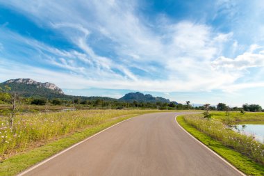Mavi gökyüzü ile boş eğri yol