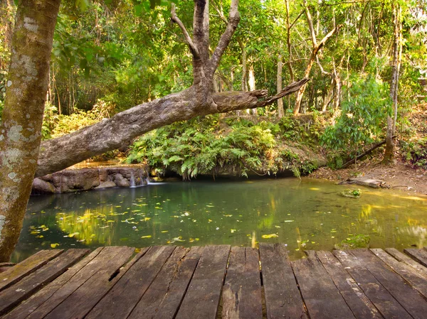 Cachoeira em floresta profunda com antigo terraço de madeira — Fotografia de Stock