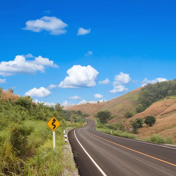 Land kronkelende verkeersbord met blauwe lucht — Stockfoto