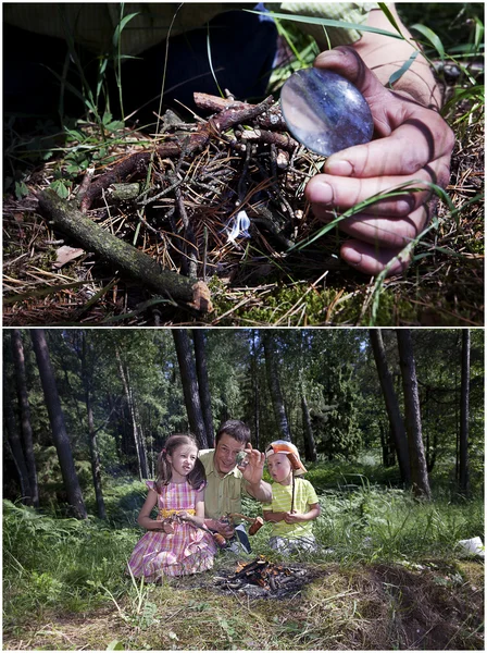 Start campfire  with a magnifying glass — Stock Photo, Image