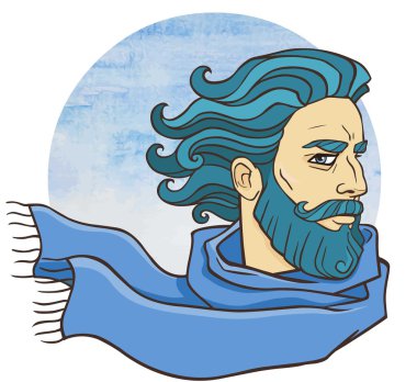 Bir eşarp sakallı adam. Mavi su renk arka plan.