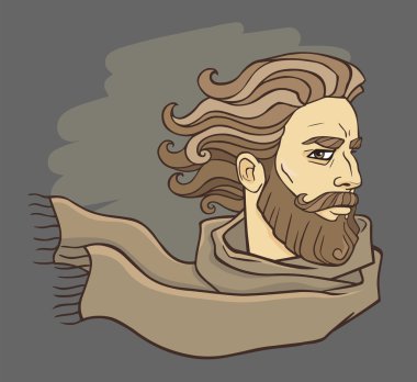 Bir eşarp sakallı adam. Gri arka planı.