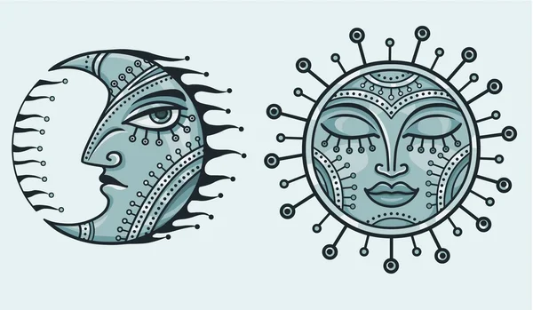 Fantastik demir ay ve güneş. Mavi bir arka plan üzerinde izole.