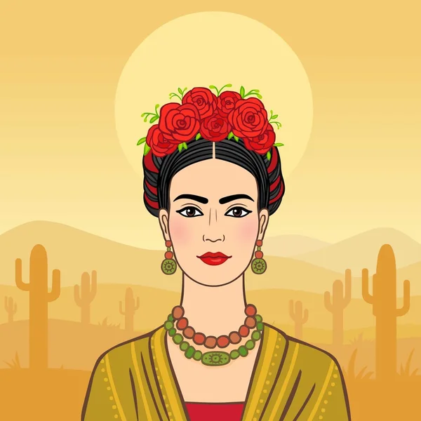 Mulher mexicana bonita em uma roupa nacional. Fundo - o deserto . —  Vetores de Stock